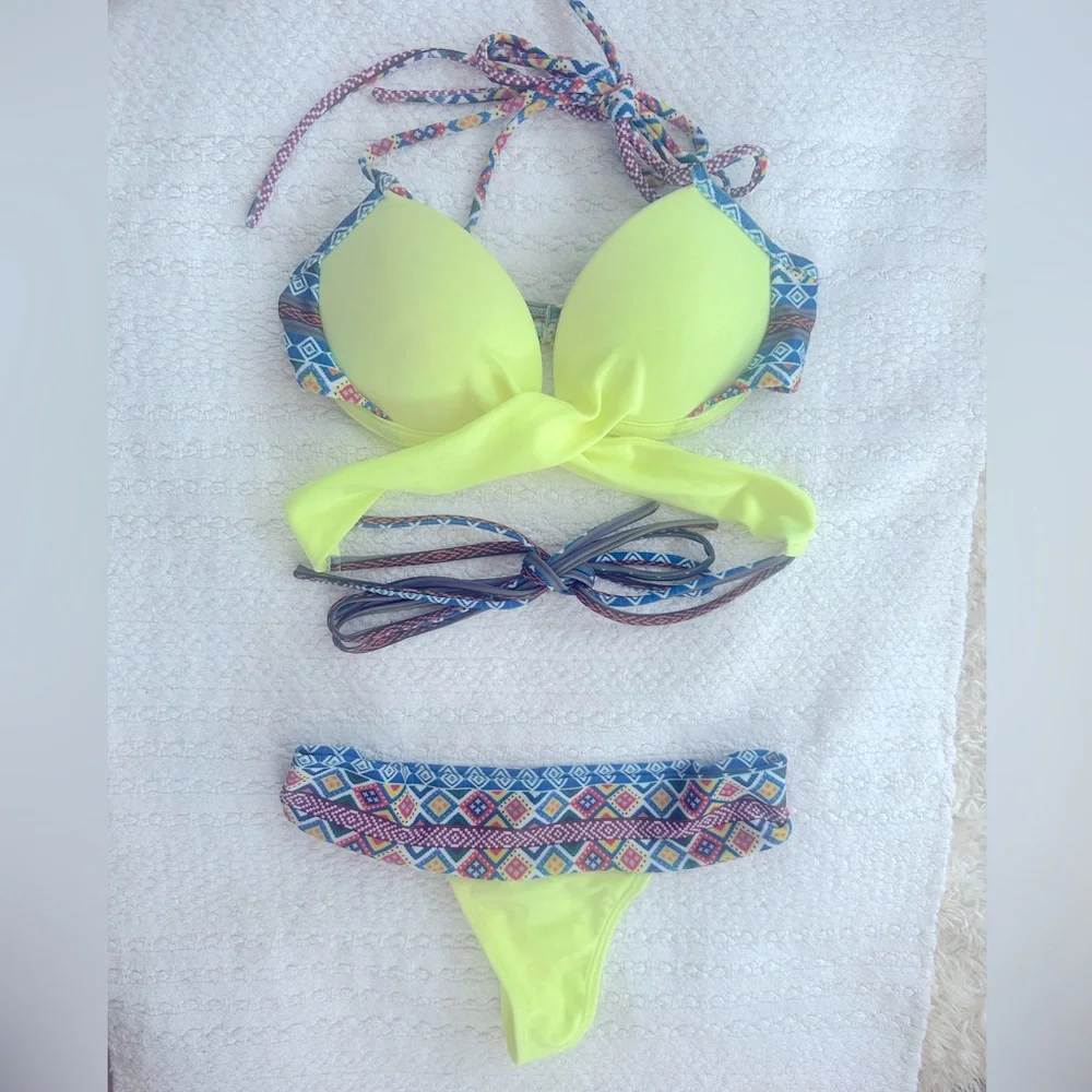 Solkissed Swim wrap around Brazilian bikini lime tribal print